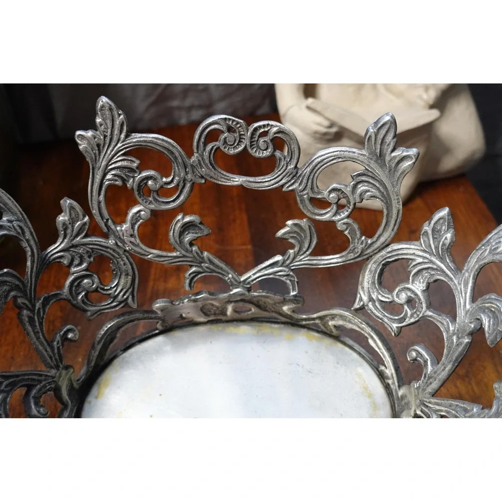 vintage pewter oval Victorian basket‎ ornate decor metal freestanding